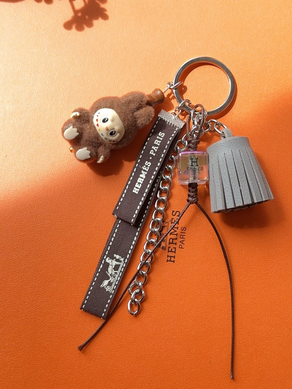 Grey Tassel & Authentic H Ribbon with La Bubu Character Bag Charm /keychain